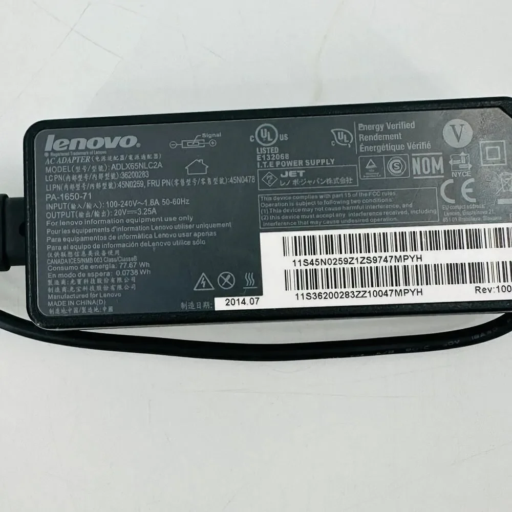Lenovo 65W 20V 4.5A Thinkpad Laptop AC adapter Charger Flat Tip OEM Genuine